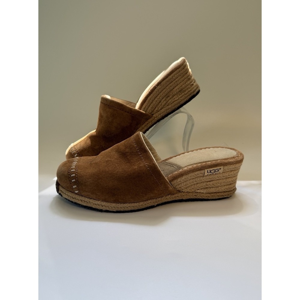 Ugg Womens Y2K Mule Sz 6 Tan Suede Wedge Heel Slip On Shoe Shearling Sherpa Clog